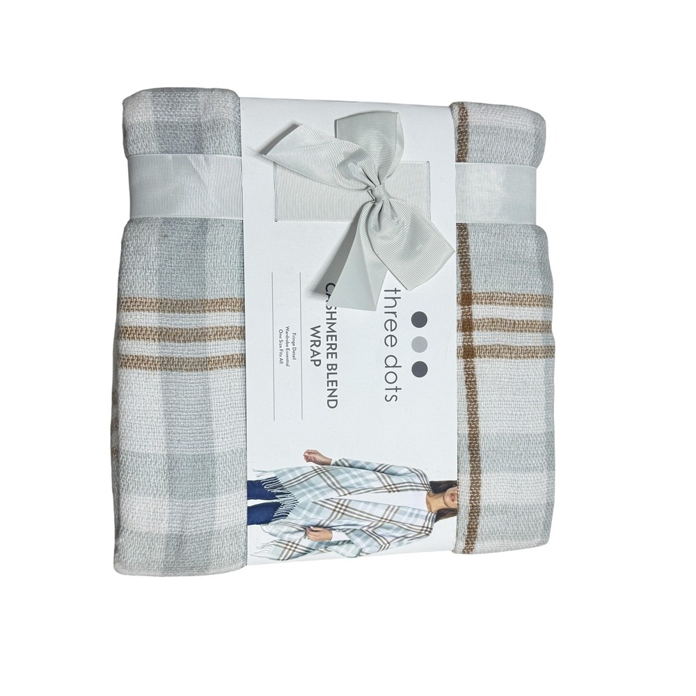 Three Dots Cashmere Blend Wrap Womens‎ One Size Blue Tan Plaid Shawl Fringe